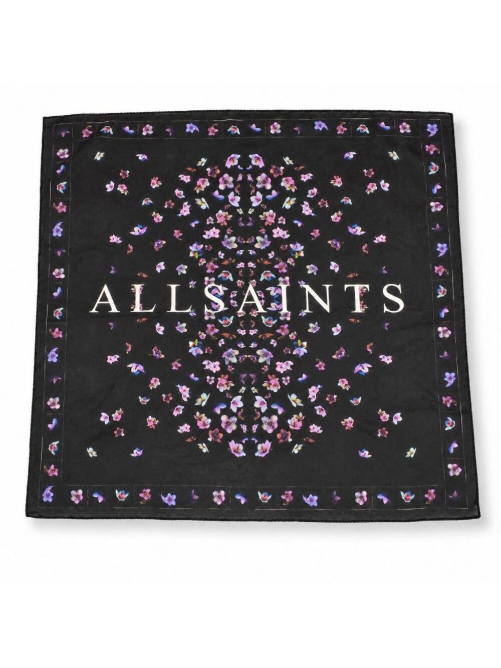 All Saints Square Scarf Bandana Black Floral Silk Blend Purse Tie-on 17.5x17.5"